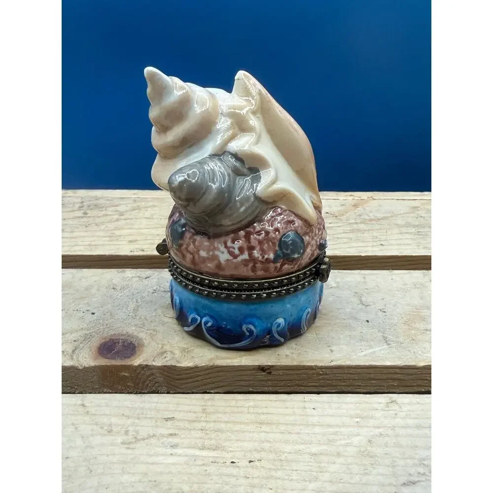 Vintage Seashell Porcelain Hinged Trinket Box - 3” Tall